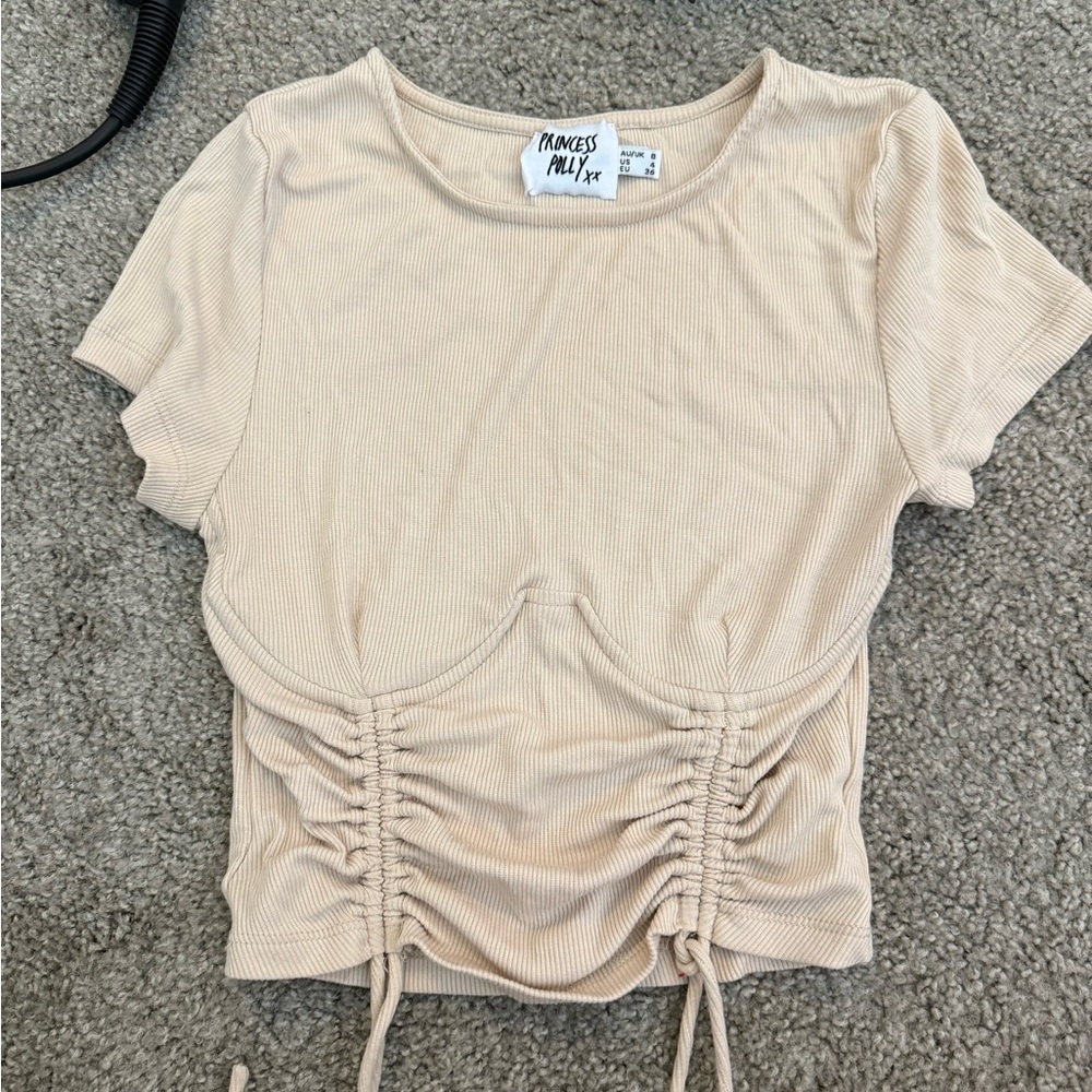 Princess Polly Beige Ruched Short Sleeve Top